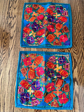 Mexican Embroidered Floral Textile Pillow Cases in Turquoise Set of Two